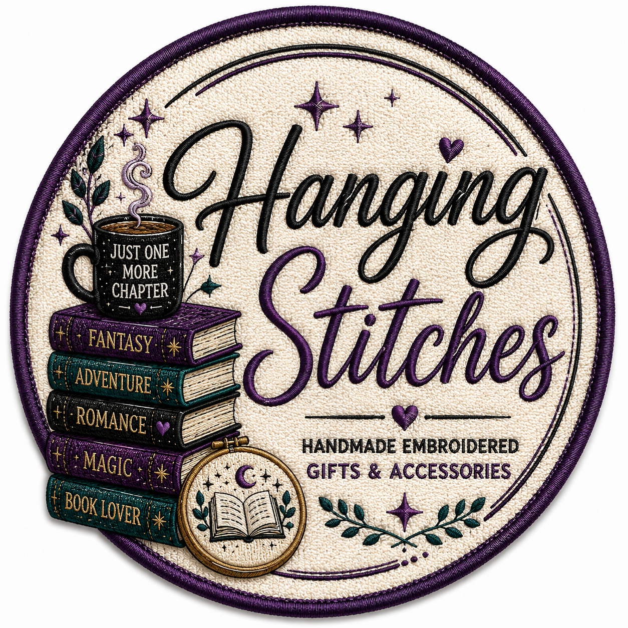 Hanging Stitches embroidered logo featuring books, a coffee mug, an embroidery hoop, and handmade gifts for book lovers and fantasy fans.